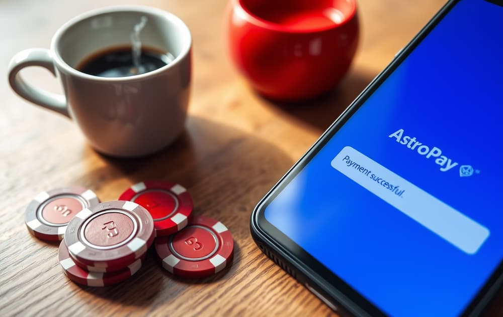 AstroPay-app på mobiltelefon ved siden av kasinochip og kaffekopp