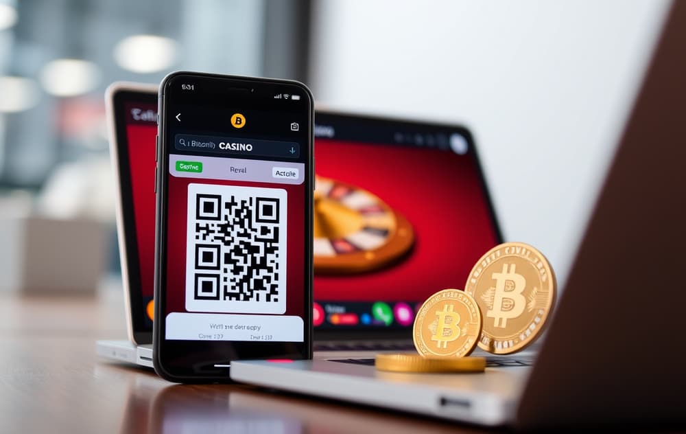 Smarttelefon med Bitcoin QR-kode på en casino-kasseside, ved siden av en Bitcoin-mynt og laptop.