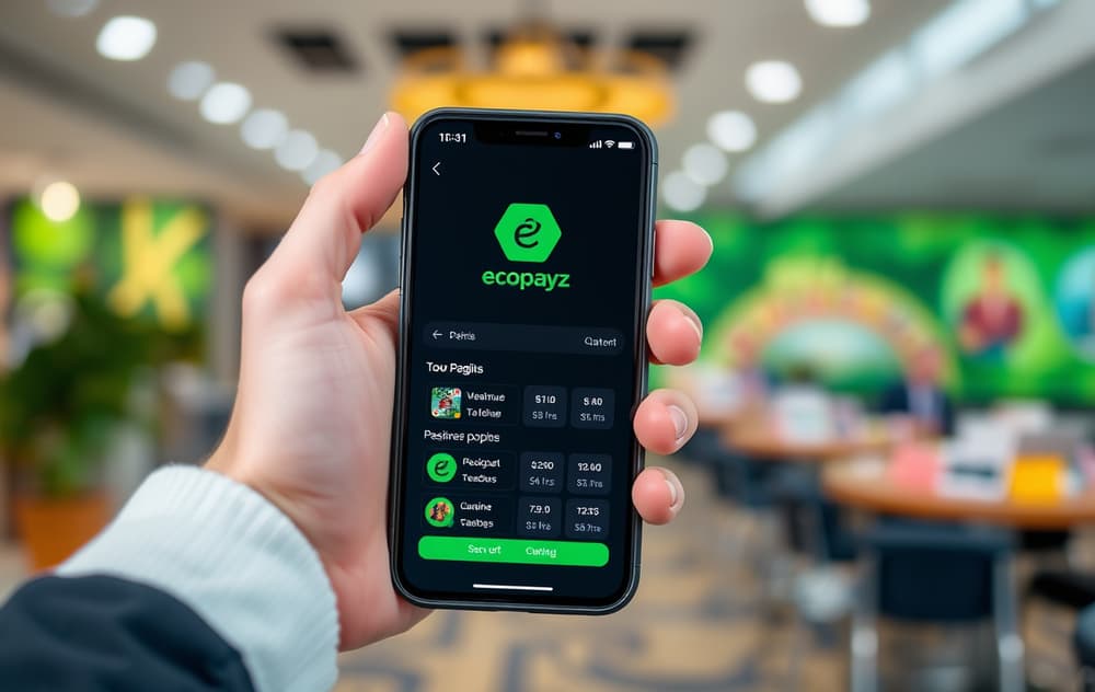 Person med mobil som viser Ecopayz-appen foran et casino