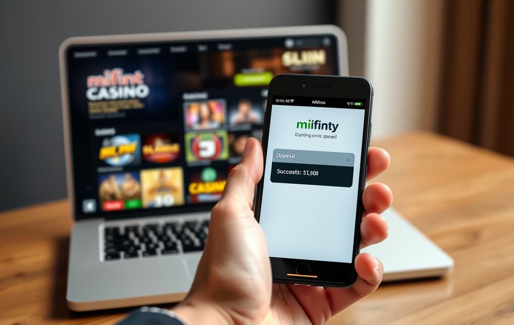 Person som holder en mobiltelefon med MiFinity-appen åpen, foran en laptop med casinospill.