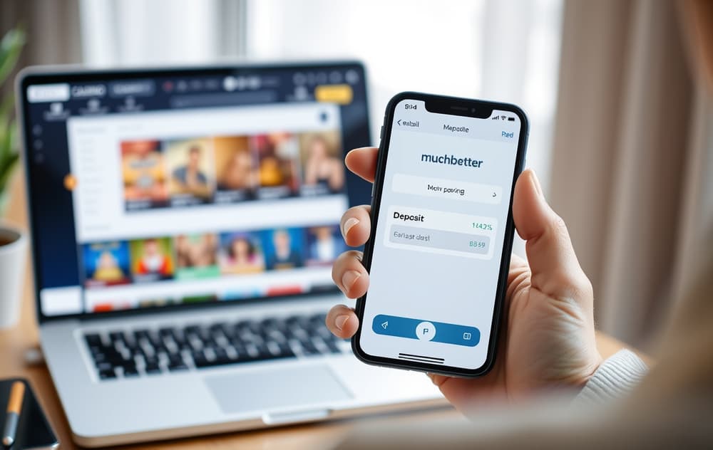 Person med mobiltelefon som viser Muchbetter-appen ved siden av en bærbar PC med nettkasino.