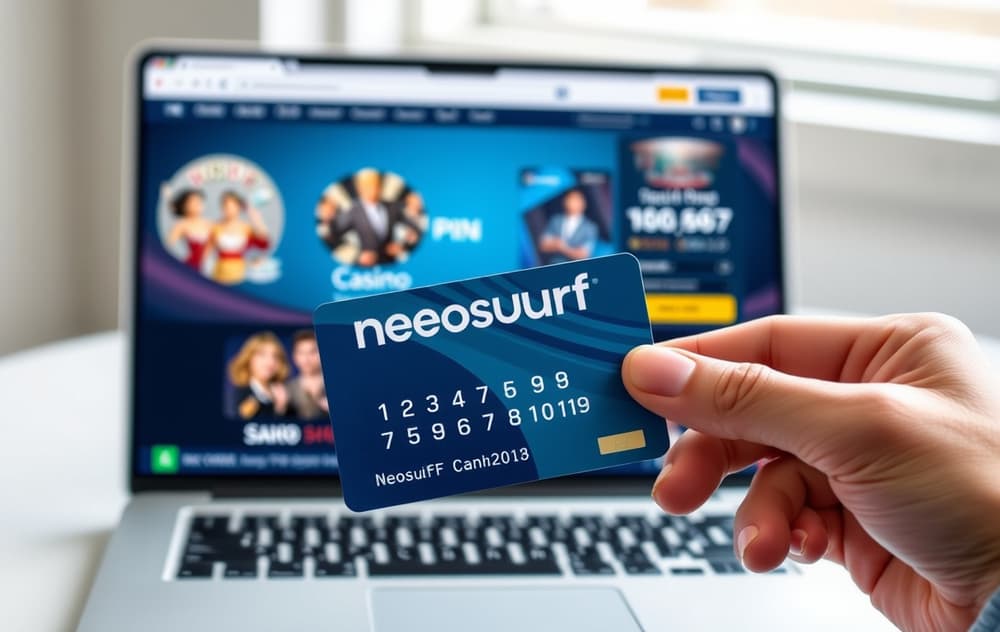 Person som holder et Neosurf-kort med PIN-kode foran en bærbar PC med casinoinnskudd.