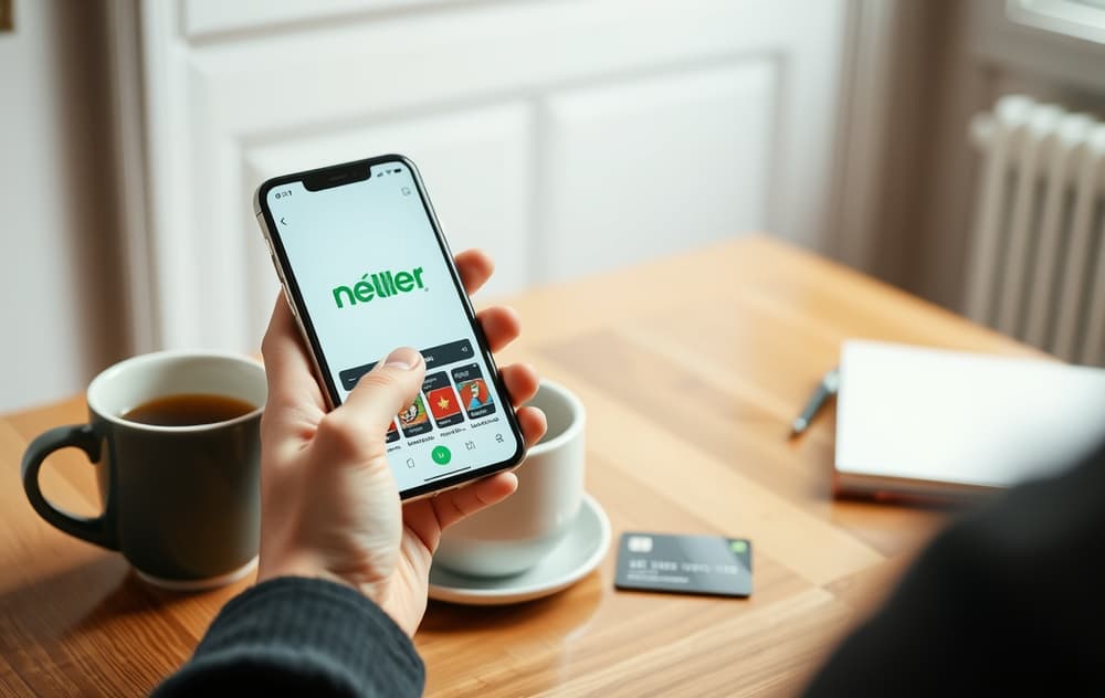 Person som holder en mobiltelefon med Neteller-appen, ved siden av en kopp kaffe og et bankkort – casino-logo skimtes i bakgrunnen