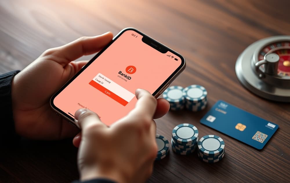 Person som logger inn med BankID på mobilen for å bruke Pay n Play på nettcasino