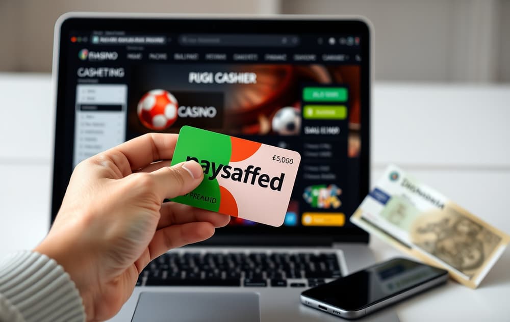 Hånd som holder et Paysafecard-kort foran en laptop med casino-kasse