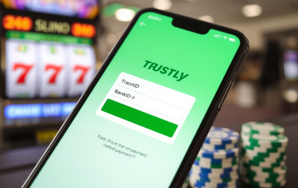 Nærbilder av mobilskjerm med Trustly betaling og BankID, casino bakgrunn.