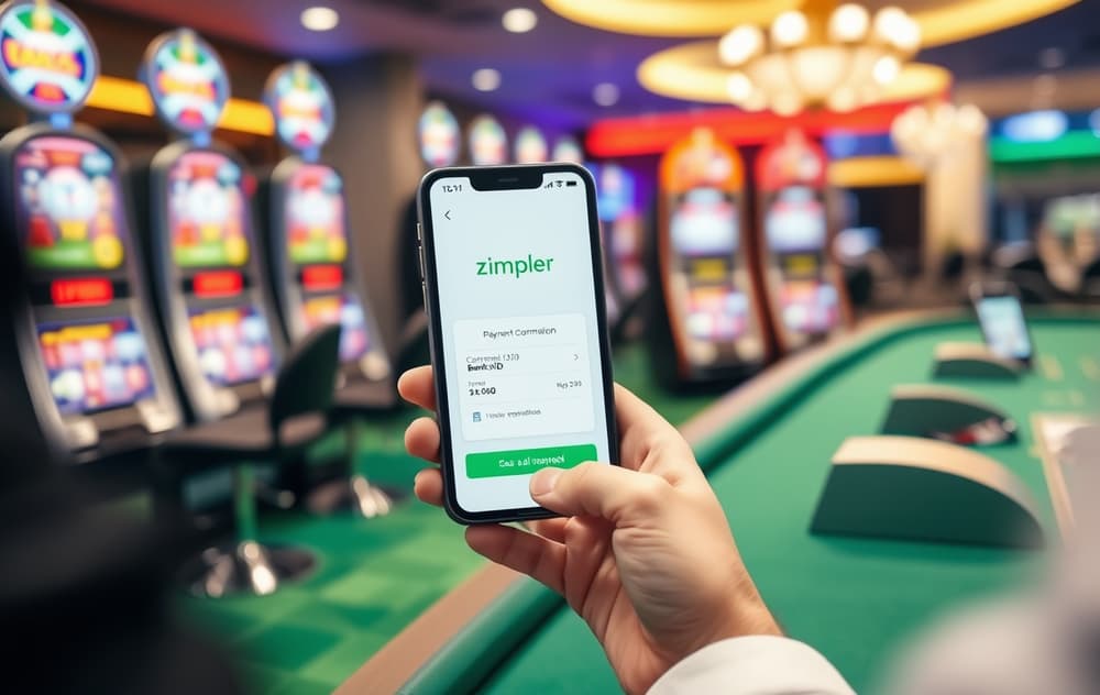 Person som bruker mobil for å bekrefte Zimpler-betaling på casino – BankID-skjerm og sjetonger i bakgrunnen.