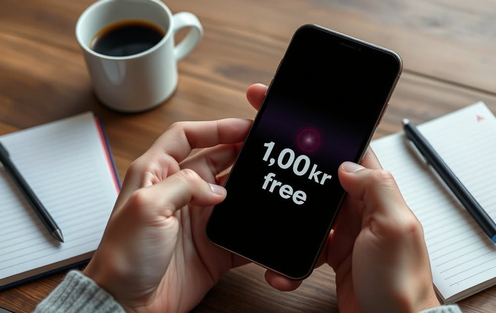 Person med mobiltelefon som viser 100 kr gratis bonus på skjermen, med kaffekopp og notatbok på bordet.