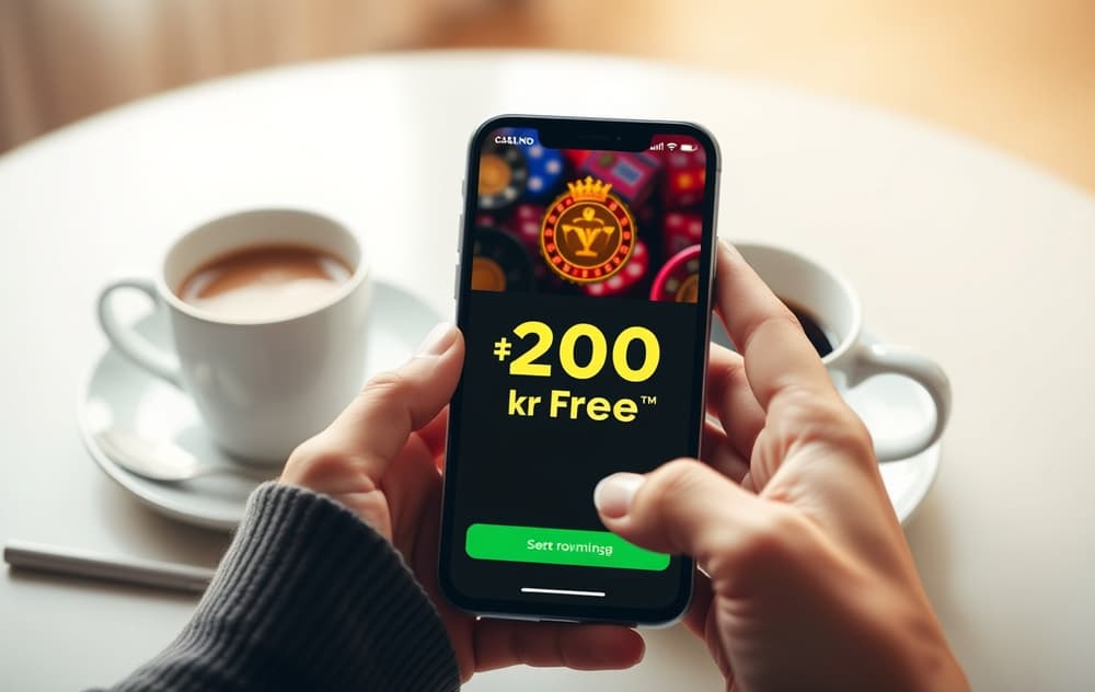 Person med mobil som viser 200 kr gratis bonus på skjermen