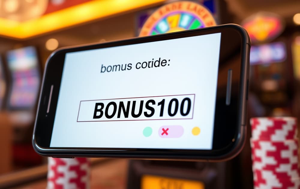 Mobilskjerm med bonuskodefelt og innskuddsmuligheter, bakgrunn med spilleautomater og sjetonger.