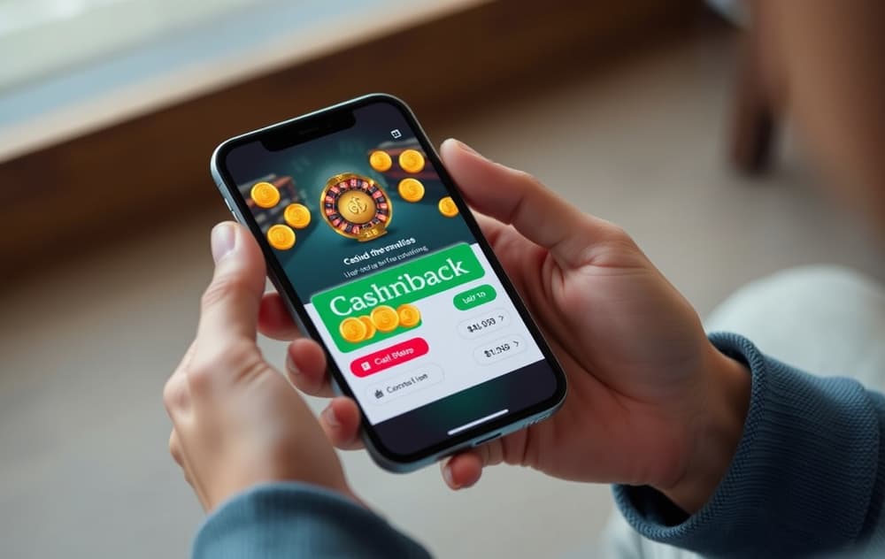 Person med mobiltelefon som viser cashback-varsel på casino-app, med mynter og prosenttegn.