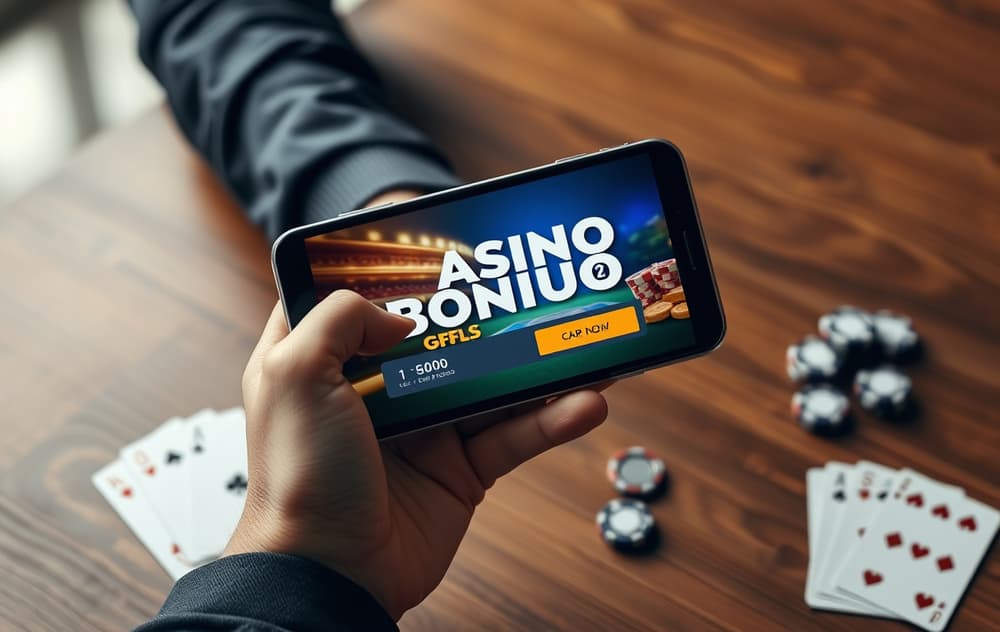 En person med en smarttelefon som viser en casinobonus, med kredittkort og sjetonger på et bord.
