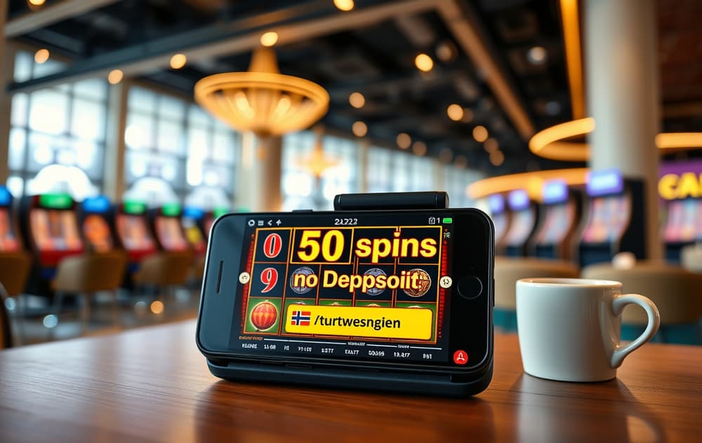 Smarttelefon som viser gratisspinn uten innskudd på en spilleautomat, plassert på et trebord med kaffekopp