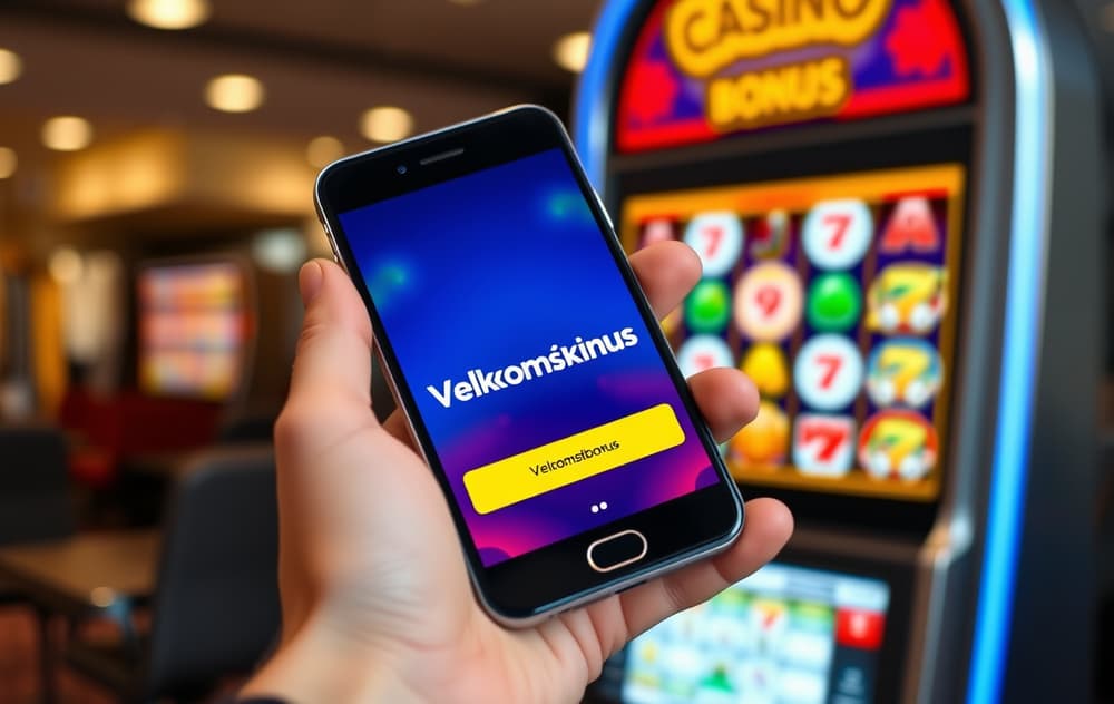 Person med mobil som viser velkomstbonus på skjermen, med spilleautomat i bakgrunnen