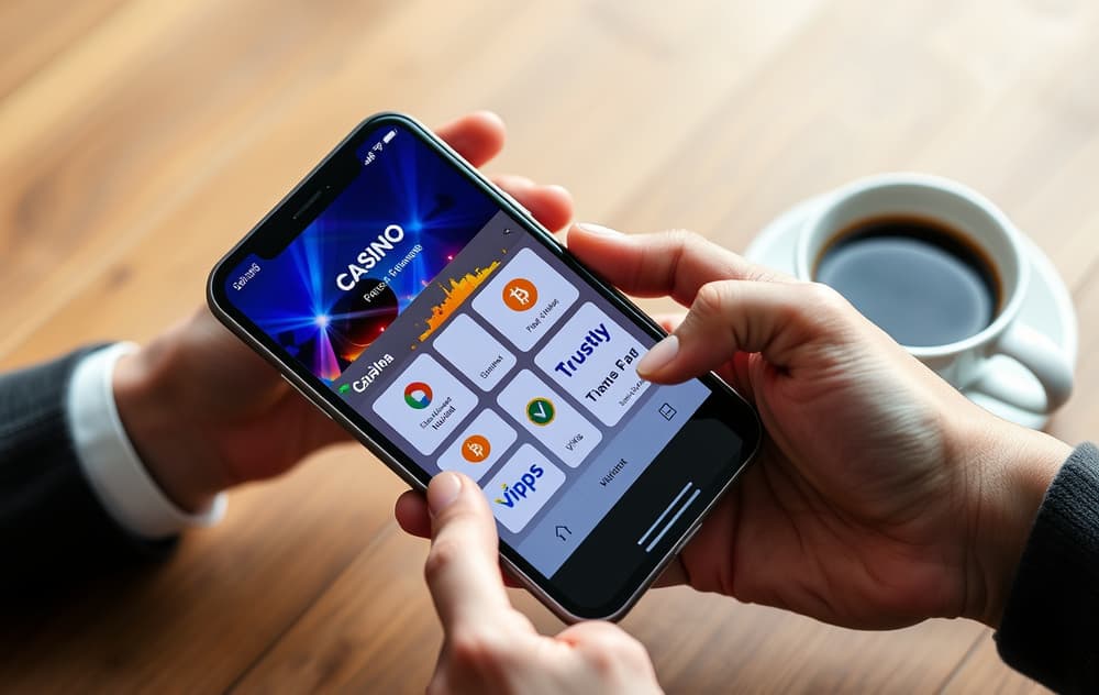Person med smarttelefon som viser betalingsmetoder for nettcasino, inkludert Visa, Trustly, Bitcoin og Vipps.