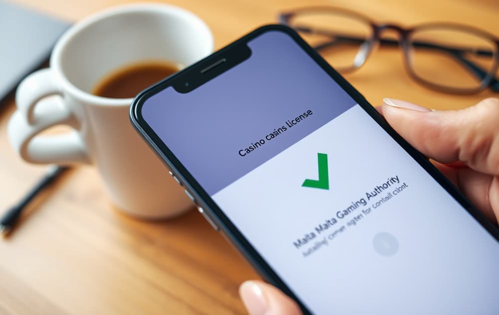 Smarttelefon som viser bekreftelse av MGA-lisens på et casino, med kaffekopp og briller på et skrivebord.