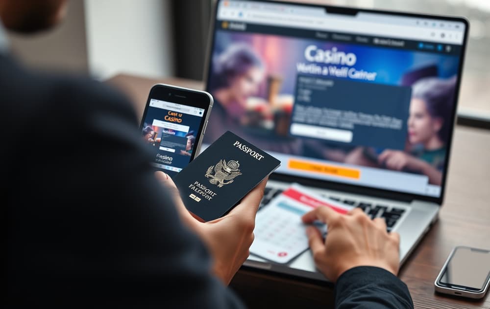 Person som tar bilde av pass for casino-verifisering, med laptop i bakgrunnen