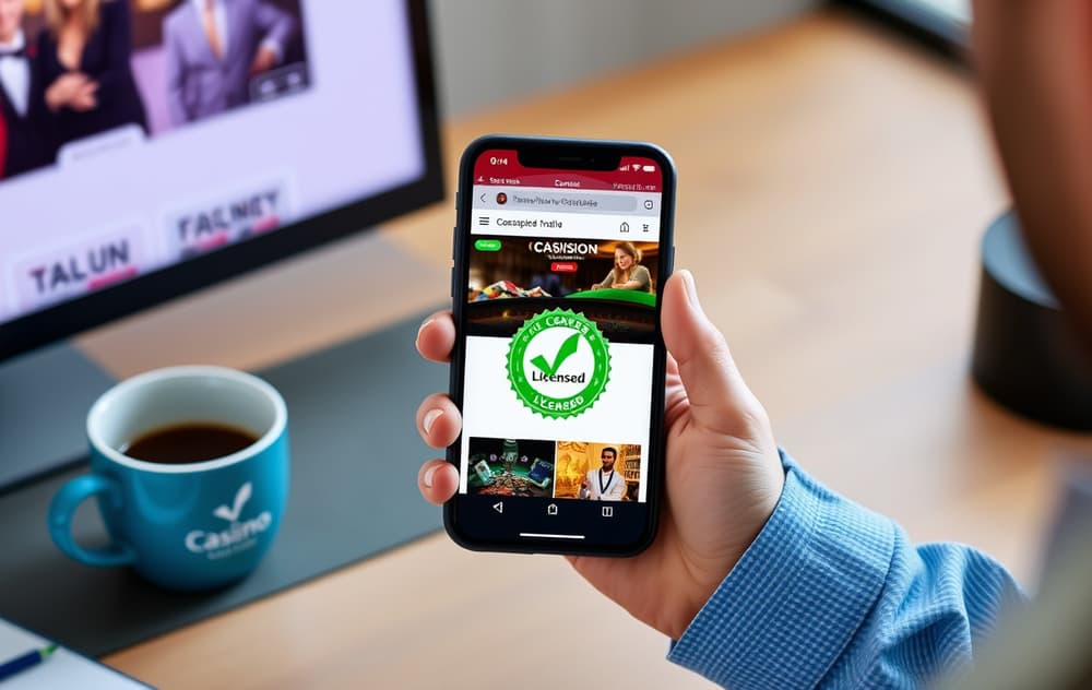 Person som sjekker lisensinformasjon på et nettcasino via mobiltelefon.