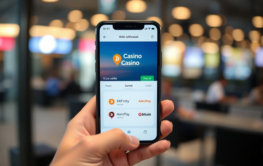 Smarttelefon med uttaksmeny fra casino som viser betalingsmetoder som MiFinity, AstroPay og Bitcoin.