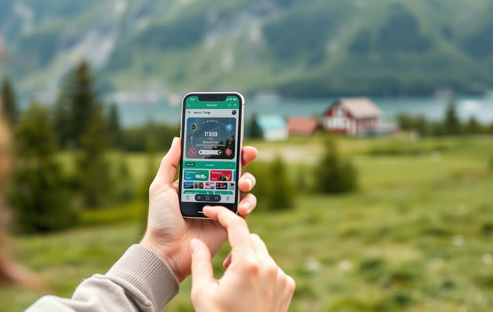 Mobiltelefon som viser Norsk Tipping-appen og et nettcasino side om side, med norsk natur i bakgrunnen
