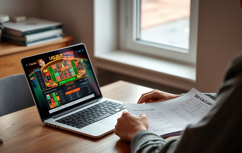 Norsk spiller med laptop og skattepapirer