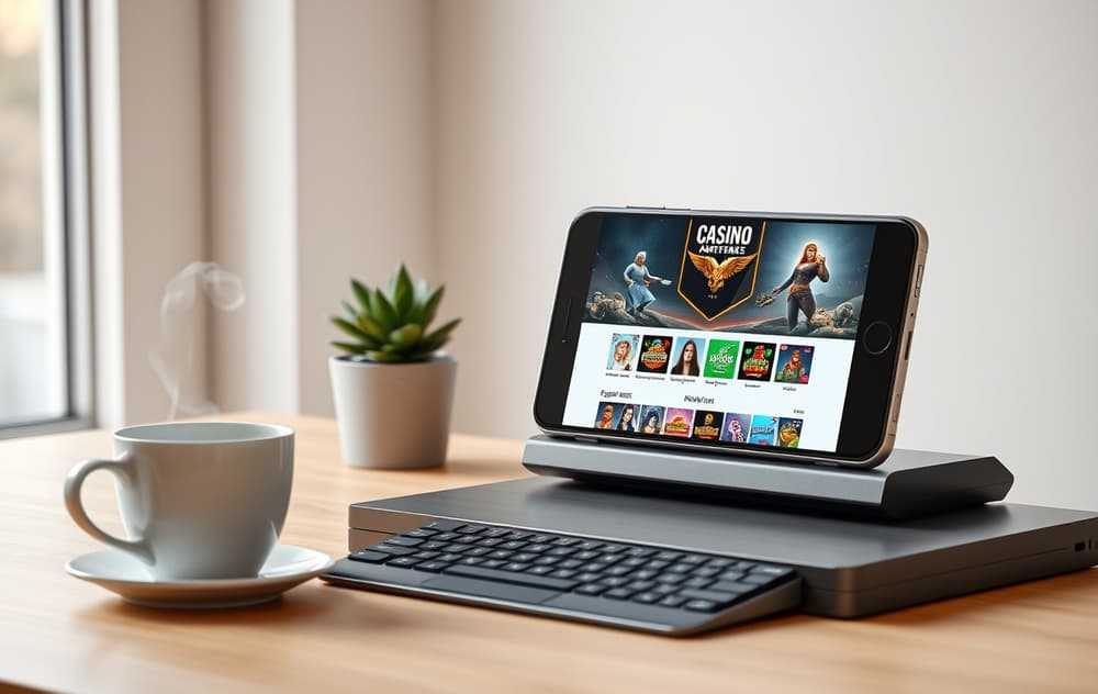 Mobiltelefon med casinospel på skjermen, kopp kaffe og plante på skrivebord i skandinavisk interiør
