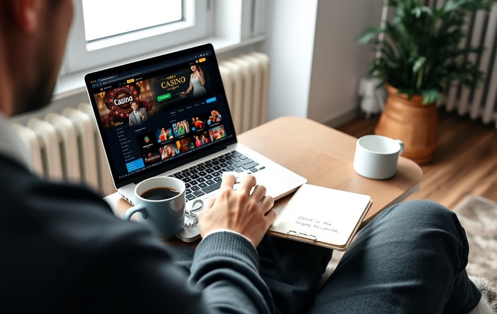 Person som sammenligner casinoer på laptop for å finne beste nettcasino