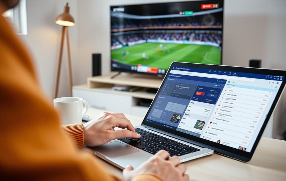 En person sammenligner odds på flere bettingsider på en bærbar PC, med fotballkamp på TV i bakgrunnen.