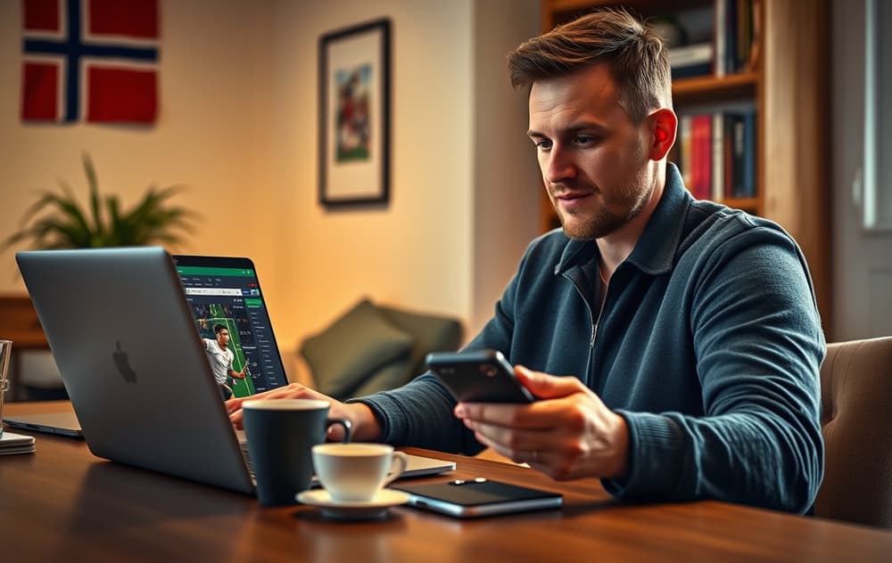 Norsk spiller som sammenligner bettingsider på laptop med kaffekopp og mobiltelefon