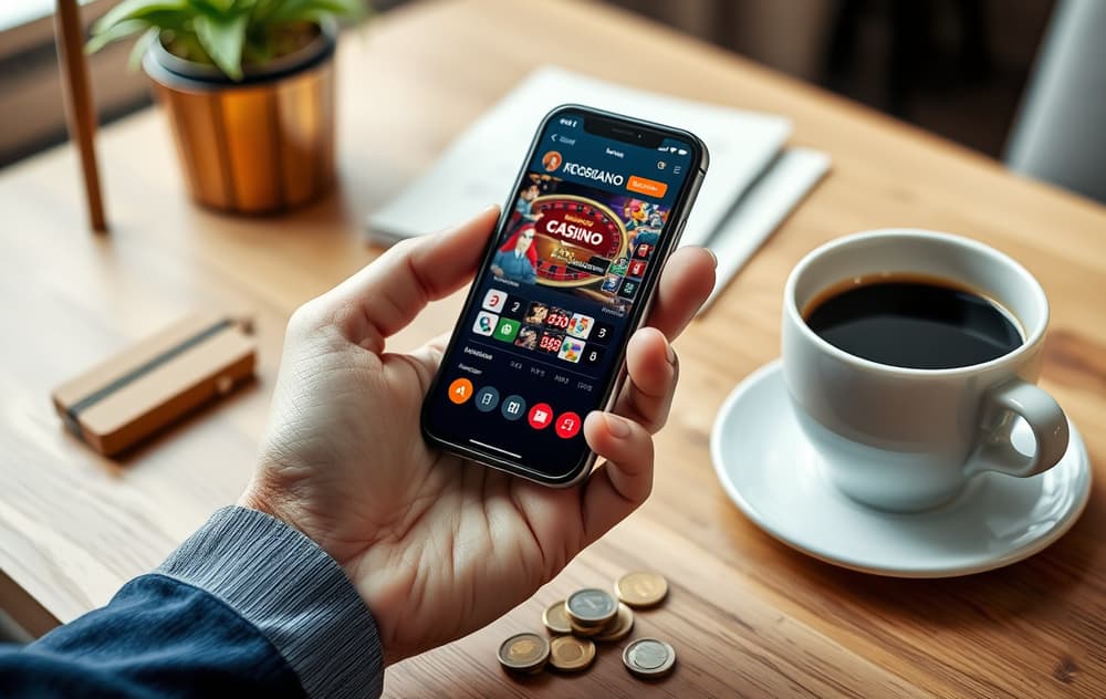 Hånd som holder smarttelefon med casinospill, ved siden av norske mynter og kaffekopp.
