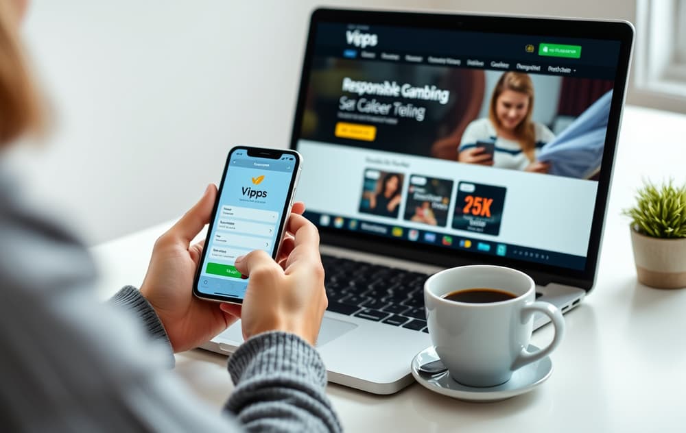 Person som sammenligner casinoer med lavt innskudd på laptop og mobil.