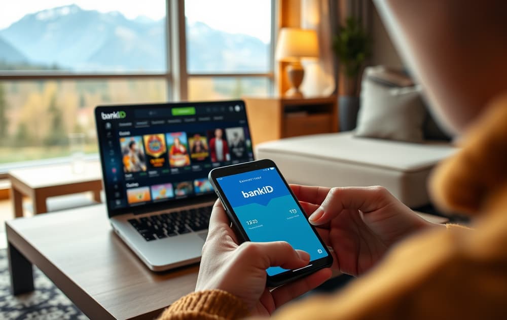 Person som bruker BankID på mobil og ser casino-spill på laptop – illustrasjon av casino uten registrering for norske spillere.