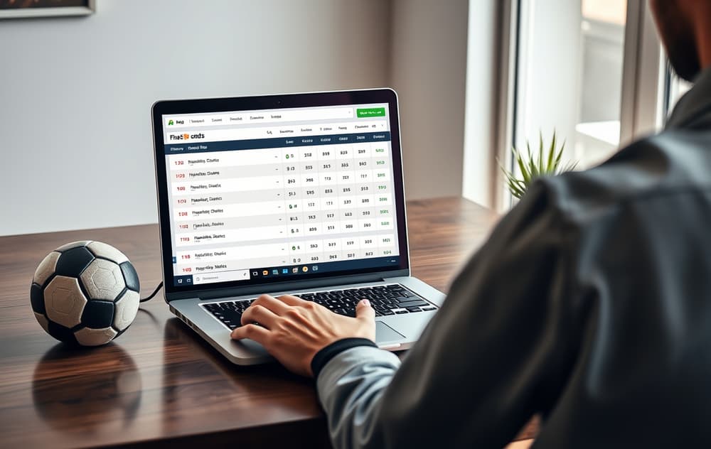 En person sammenligner fotballodds på flere bettingsider på en bærbar PC.