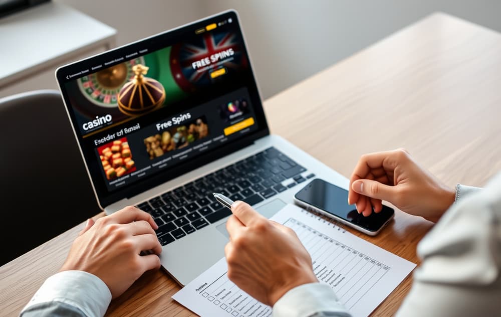 Person som sjekker gratis casino-tilbud på laptop med kaffekopp og notatblokk.