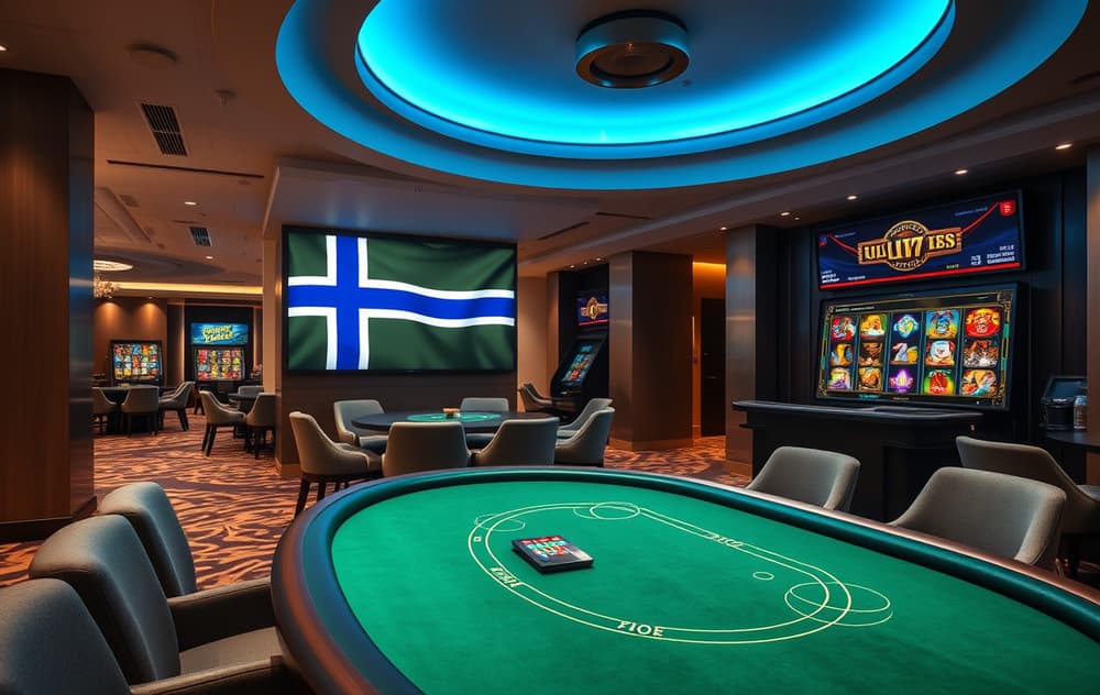 Highroller Casino VIP-lounge med pokerbord og spilleautomater