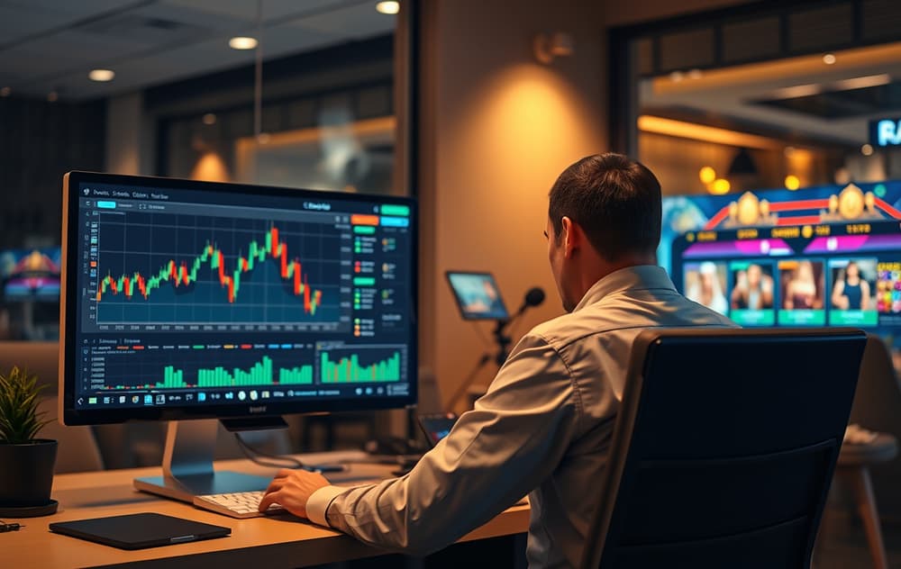 Person som sammenligner kryptocasinoer på to skjermer