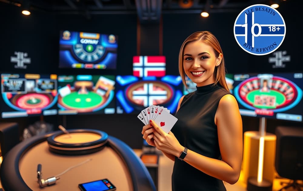 Ekte dealer i live casino-studio med blackjack og roulettebord i bakgrunnen.
