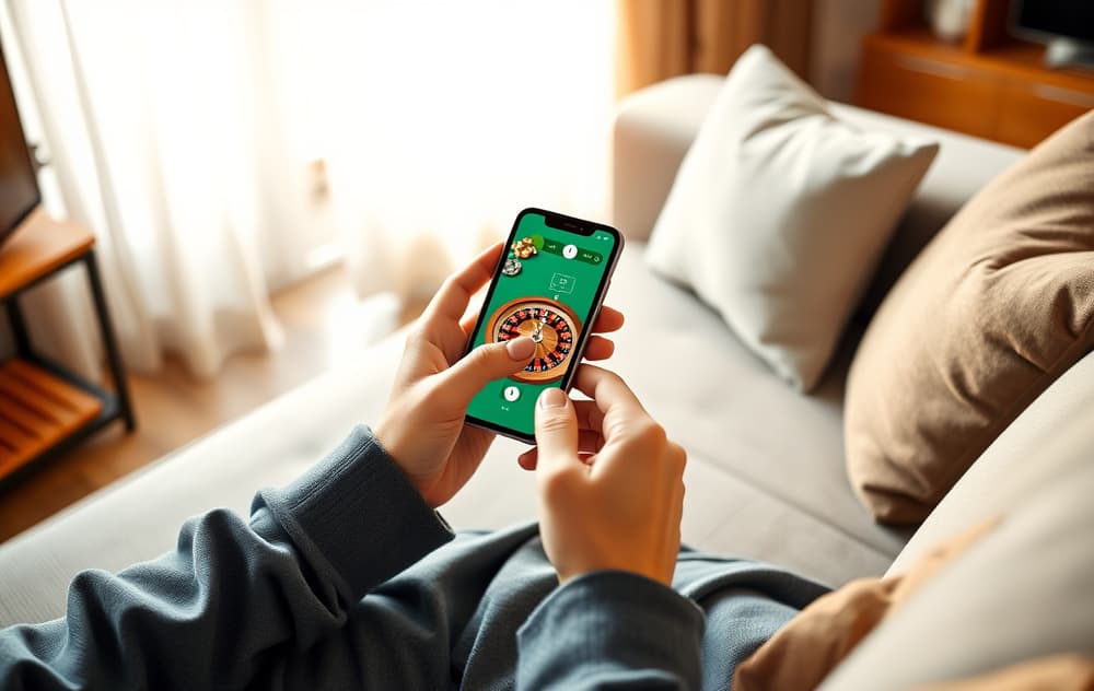 En person som spiller mobilcasino på en smarttelefon, med en kopp kaffe på bordet, i en stue med varm belysning.