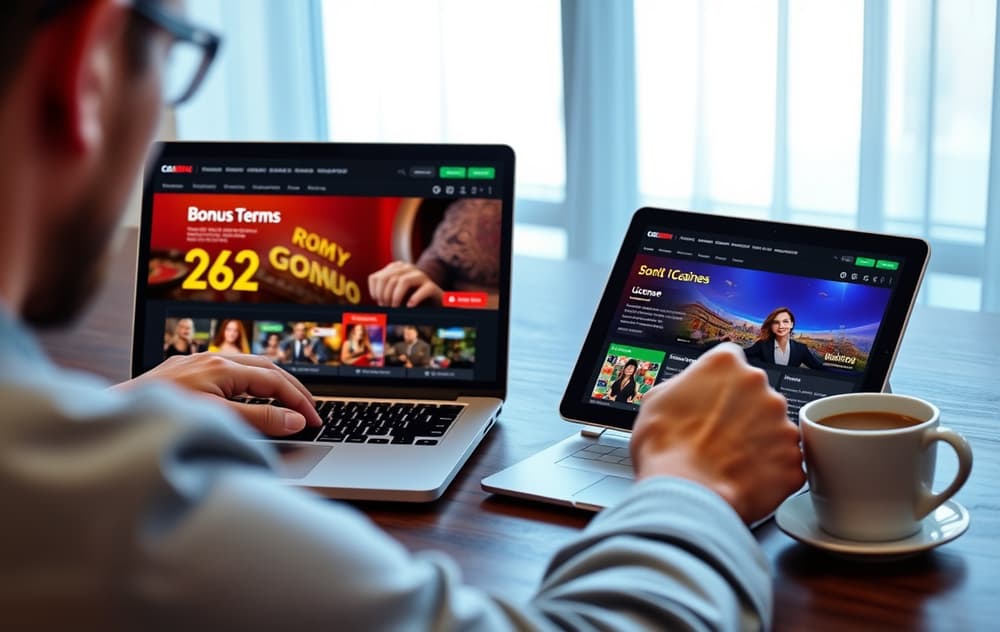 En person som sammenligner nettcasinoer på laptop og nettbrett