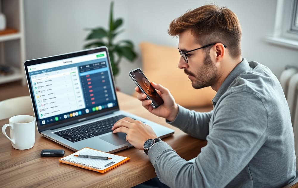En person sammenligner to bettingsider på laptop og mobil, med notatblokk og kaffekopp på skrivebordet.