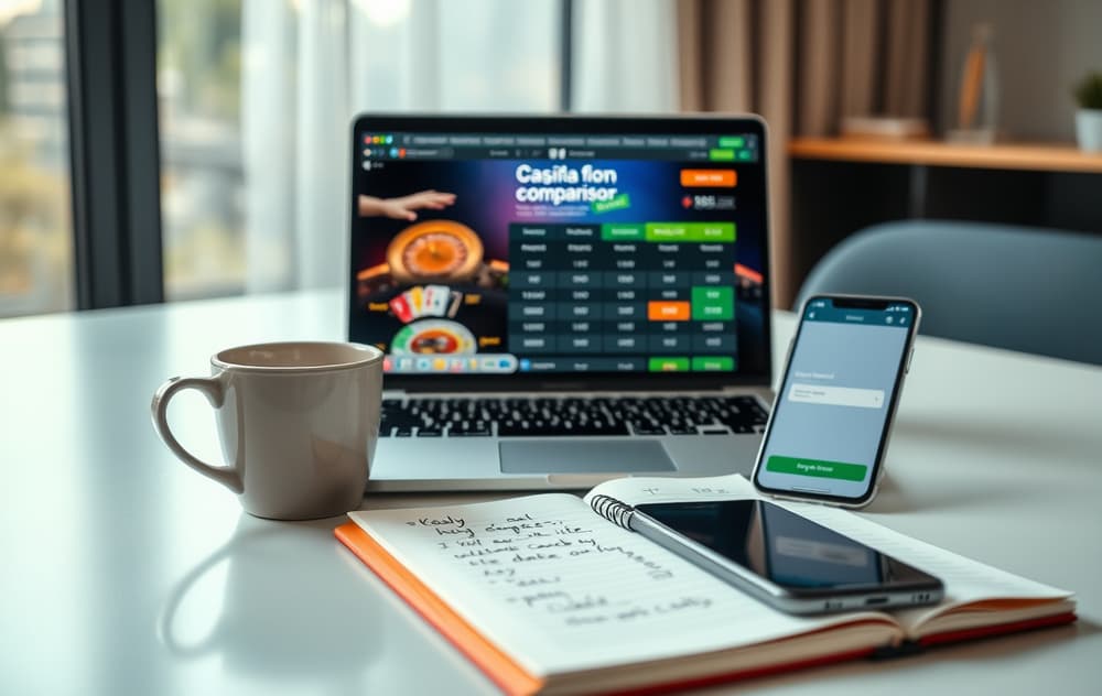 Sammenligning av nye casinoer på nett – laptop med casinooversikt, notater og mobil