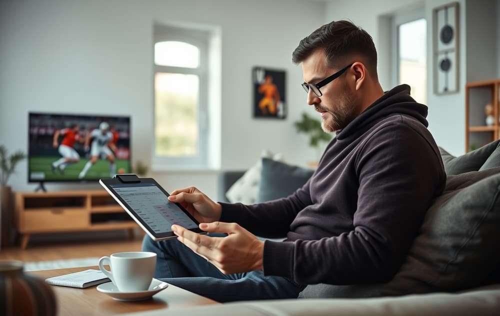 En person som sammenligner odds på et nettbrett med kaffekopp og fotballkamp på TV