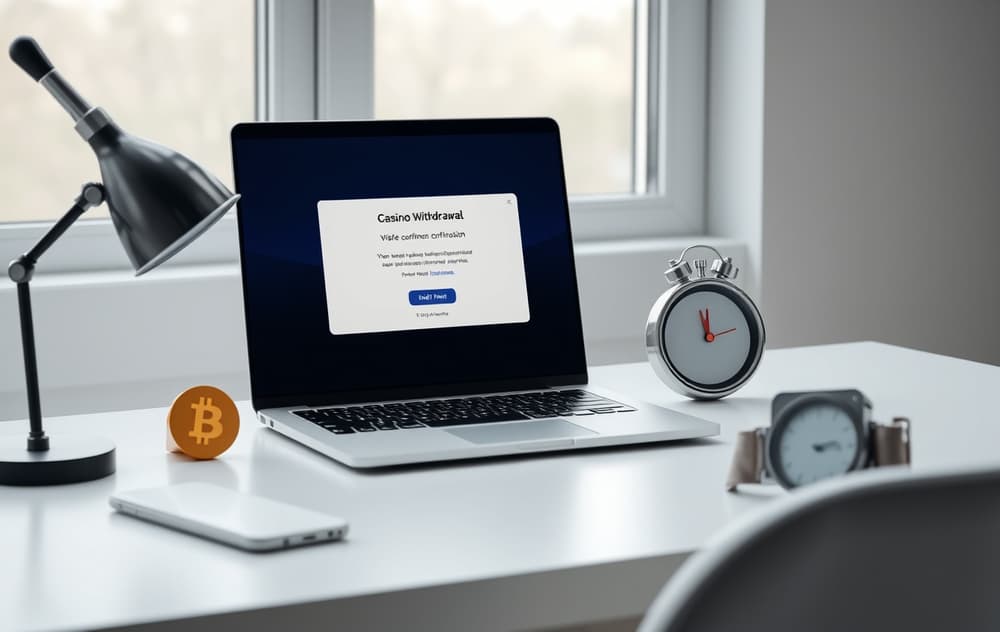 Minimalistisk kontor med laptop som viser utbetalingsbekreftelse fra casino, Bitcoin-symbol og stoppeklokke.