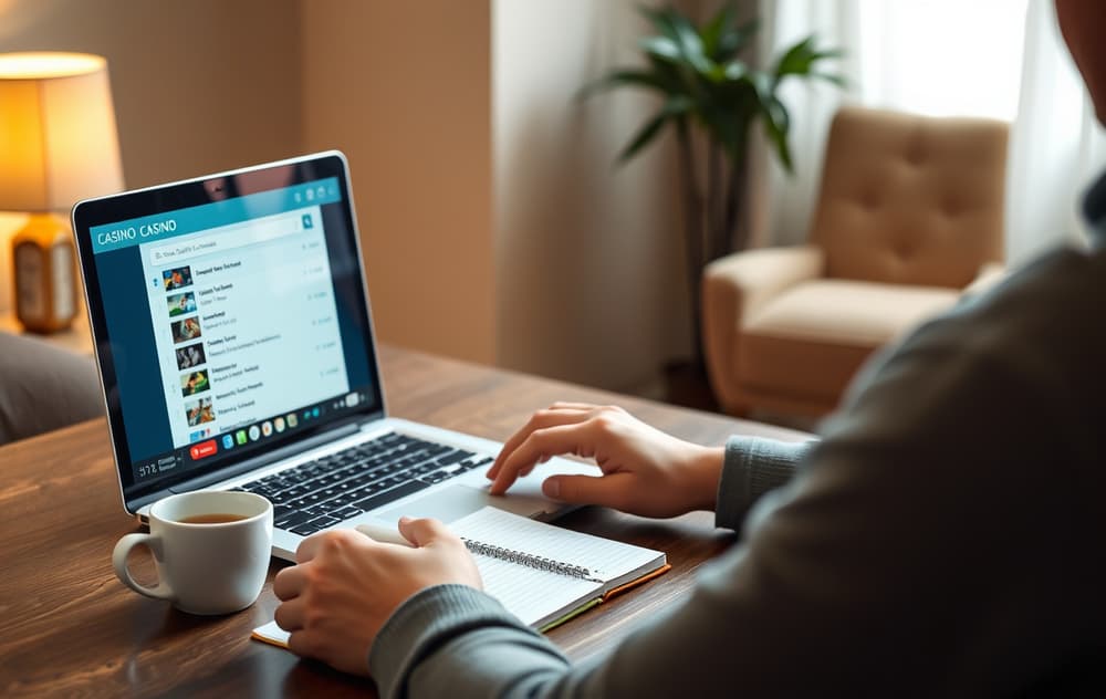 En person som forsker på trygge norske casinoer på en bærbar PC, med notater og kaffekopp