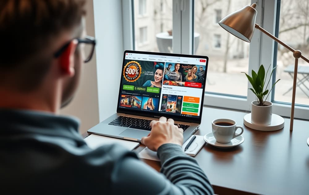 Person som sammenligner utenlandske casino på laptop