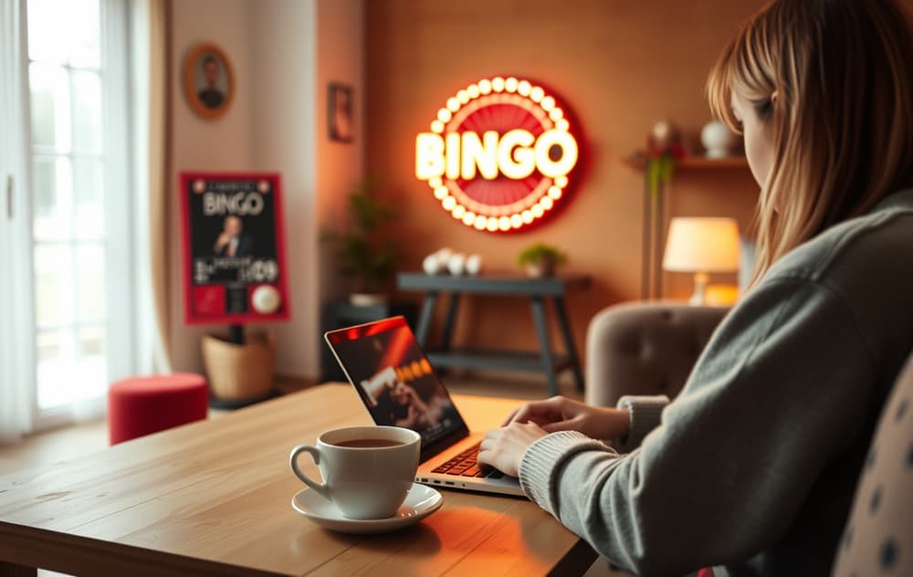 En person spiller bingo på nett på en bærbar PC i en norsk stue, med kaffekopp og bingohallskilt i bakgrunnen.