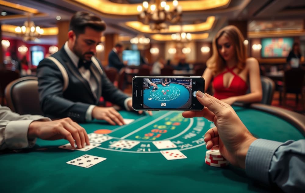 Blackjack-bord med dealer og kort, norske sedler og mobiltelefon med live blackjack.