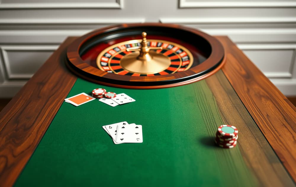 Bordspill casino med blackjack-kort, roulette-hjul og sjetonger på grønt filt