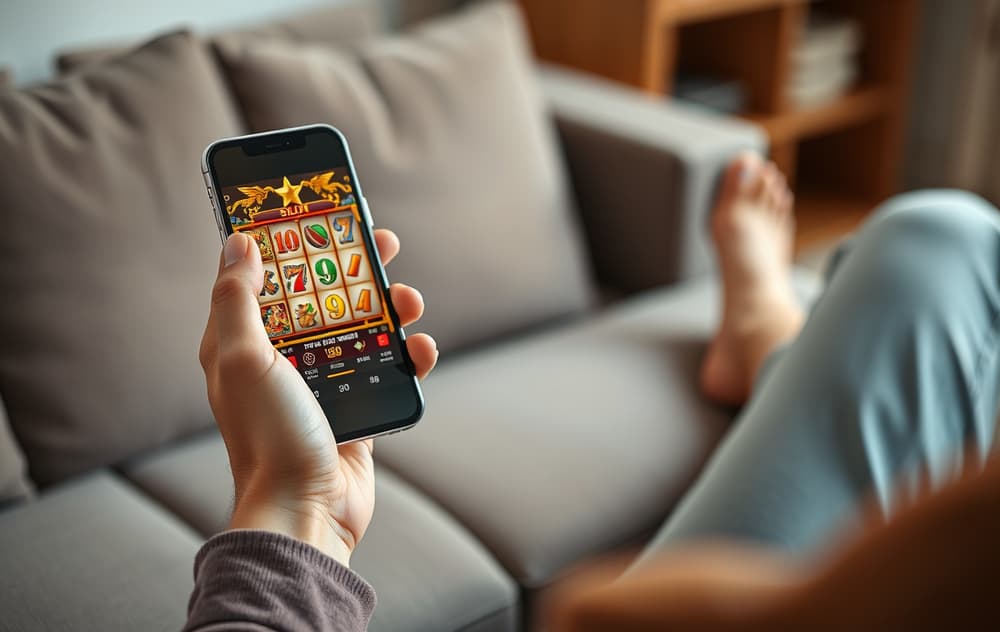 Person som spiller gratis spilleautomater på mobilen hjemme