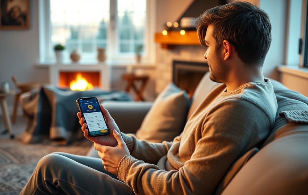 En person som fyller ut lottokupong på mobil i en stue, illustrasjon av lotto på nett.